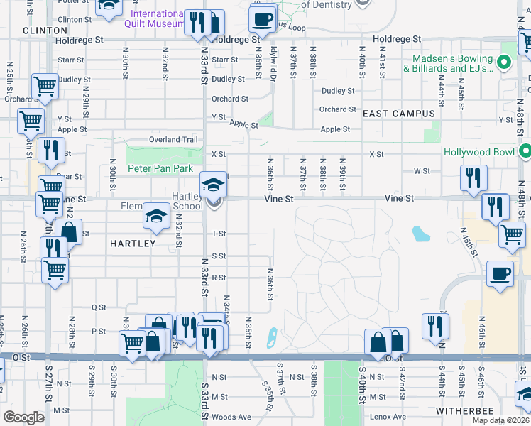 map of restaurants, bars, coffee shops, grocery stores, and more near 3535 Vine Street in Lincoln