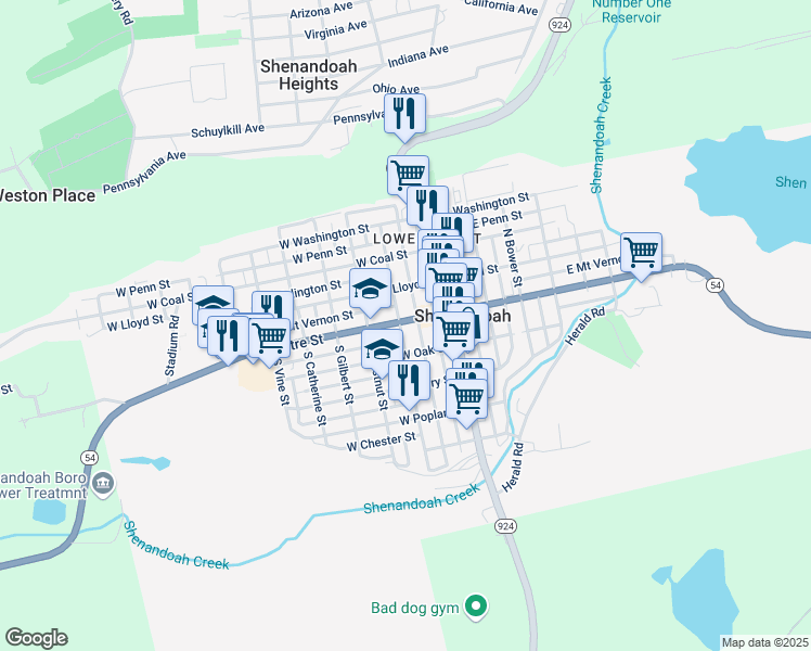 map of restaurants, bars, coffee shops, grocery stores, and more near 116 West Centre Street in Shenandoah