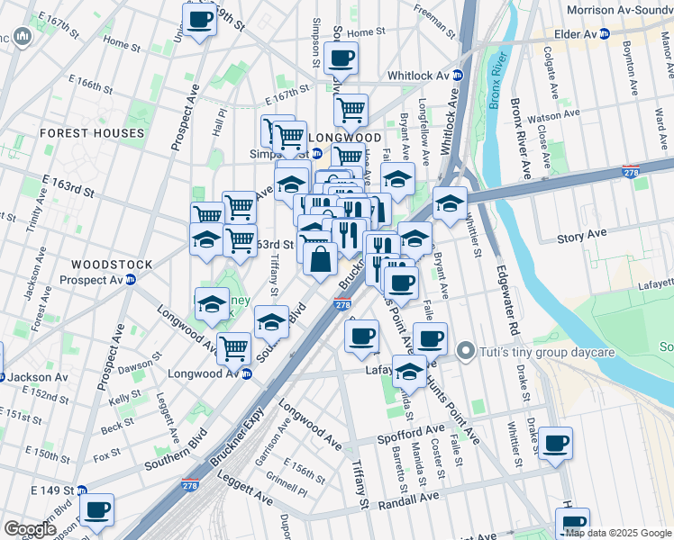 map of restaurants, bars, coffee shops, grocery stores, and more near 985 Bruckner Boulevard in Bronx