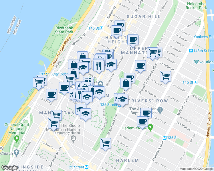 map of restaurants, bars, coffee shops, grocery stores, and more near 119 Convent Avenue in New York