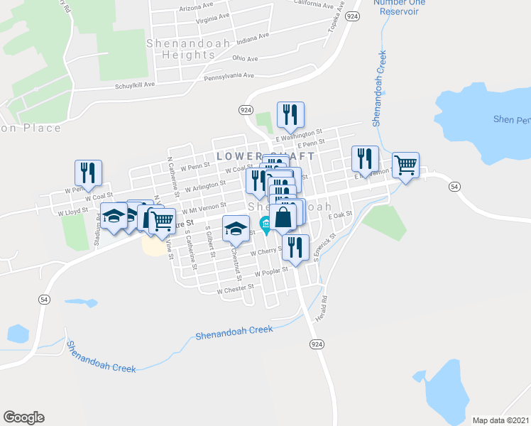 map of restaurants, bars, coffee shops, grocery stores, and more near 5 South Jardin Street in Shenandoah