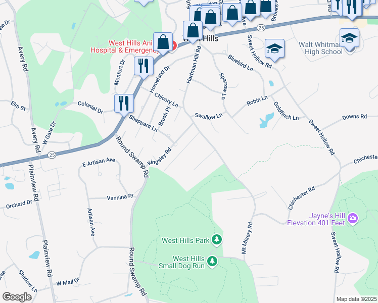 map of restaurants, bars, coffee shops, grocery stores, and more near 3 Fox Hunt Court in Huntington