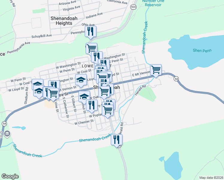 map of restaurants, bars, coffee shops, grocery stores, and more near 28 East Oak Street in Shenandoah