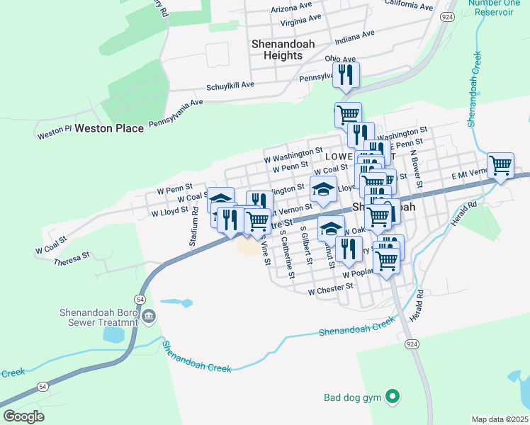 map of restaurants, bars, coffee shops, grocery stores, and more near 527 West Mount Vernon Street in Shenandoah