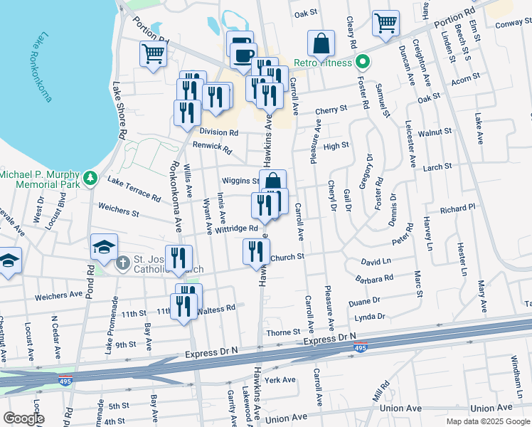 map of restaurants, bars, coffee shops, grocery stores, and more near 277-299 Hawkins Avenue in Lake Ronkonkoma
