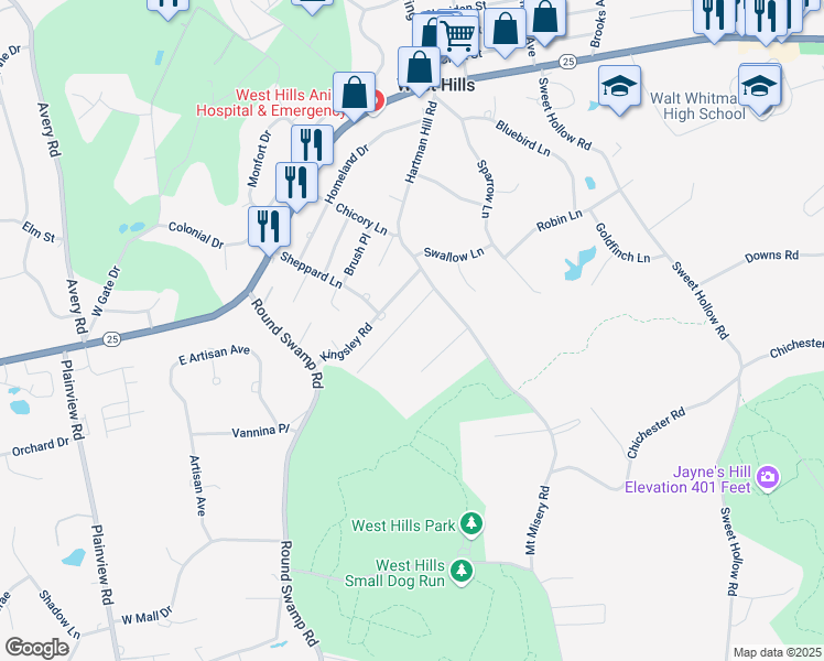 map of restaurants, bars, coffee shops, grocery stores, and more near 3 Fox Hunt Court in Huntington