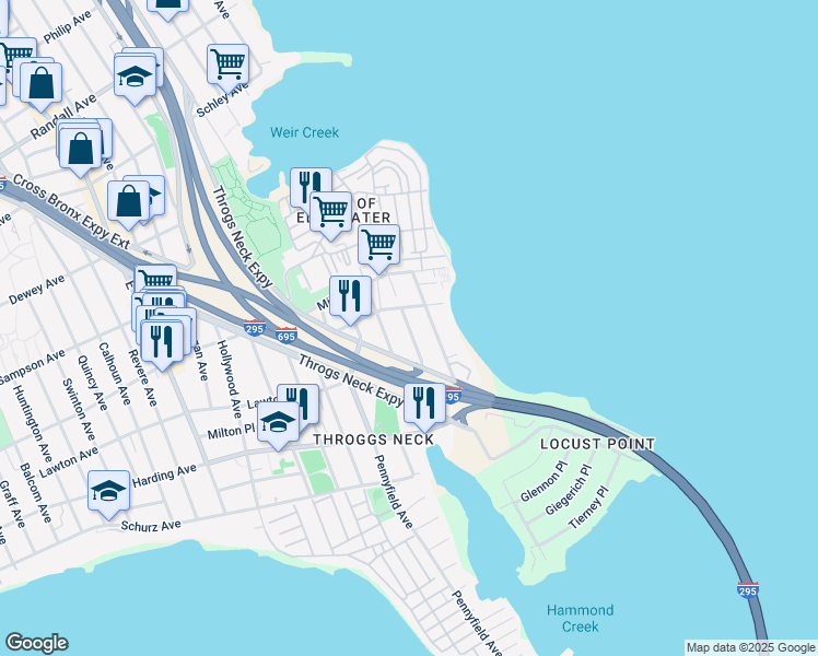 map of restaurants, bars, coffee shops, grocery stores, and more near 217 Blair Avenue in Bronx