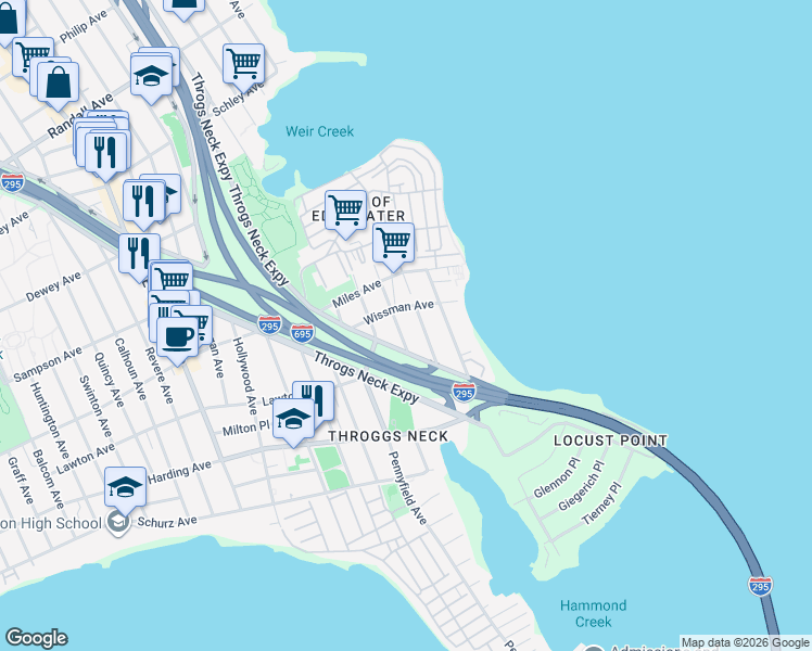 map of restaurants, bars, coffee shops, grocery stores, and more near 4171 Throgs Neck Expressway in Bronx