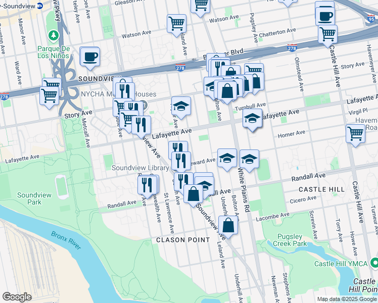map of restaurants, bars, coffee shops, grocery stores, and more near 703 Thieriot Avenue in Bronx