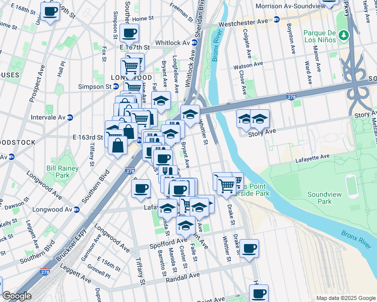 map of restaurants, bars, coffee shops, grocery stores, and more near 887 Bryant Avenue in The Bronx