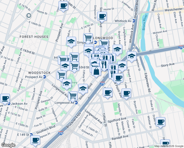 map of restaurants, bars, coffee shops, grocery stores, and more near 901 Southern Boulevard in Bronx