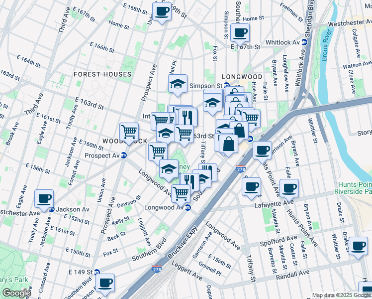 map of restaurants, bars, coffee shops, grocery stores, and more near 900 Intervale Avenue in The Bronx