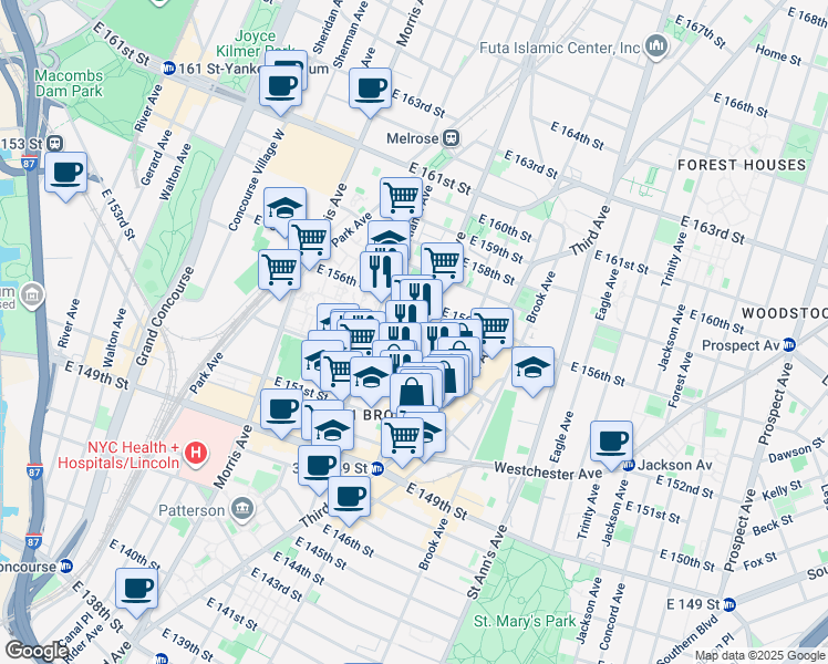 map of restaurants, bars, coffee shops, grocery stores, and more near 378 East 154th Street in Bronx