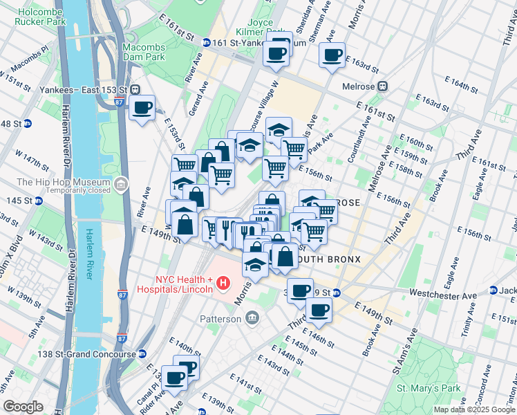map of restaurants, bars, coffee shops, grocery stores, and more near 2950 Park Avenue in The Bronx
