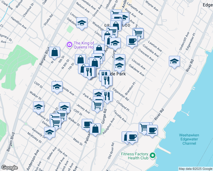map of restaurants, bars, coffee shops, grocery stores, and more near 180 Edgewater Road in Cliffside Park