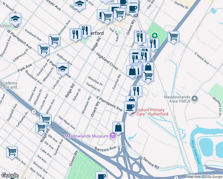 map of restaurants, bars, coffee shops, grocery stores, and more near 240 Feronia Way in Rutherford