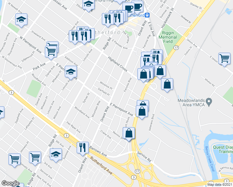 map of restaurants, bars, coffee shops, grocery stores, and more near 240 Feronia Way in Rutherford