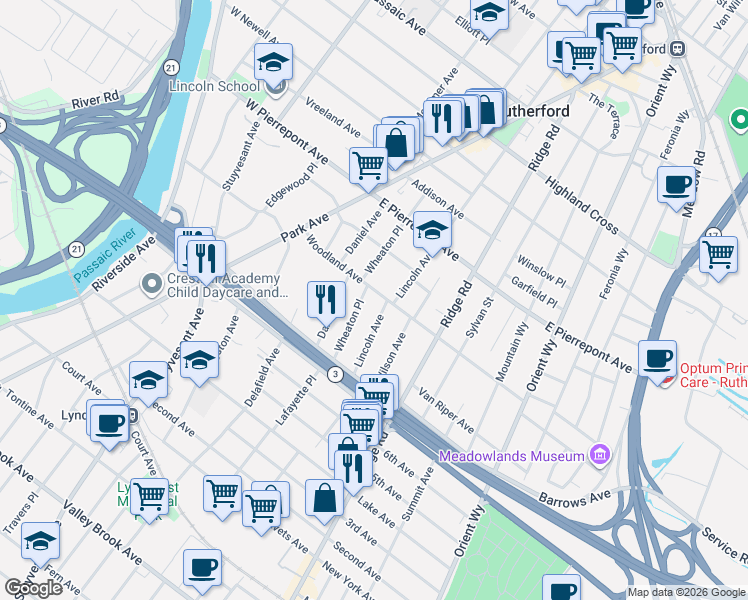 map of restaurants, bars, coffee shops, grocery stores, and more near 409 Lincoln Avenue in Rutherford