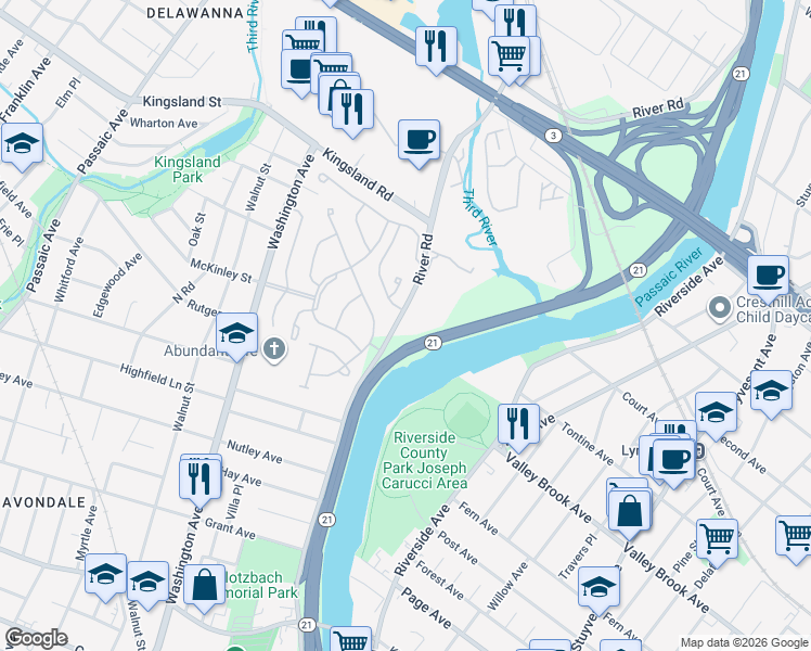 map of restaurants, bars, coffee shops, grocery stores, and more near 438 River Road in Nutley