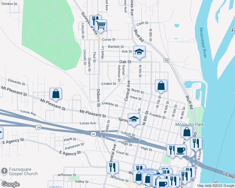 map of restaurants, bars, coffee shops, grocery stores, and more near 1219 Stowe Street in Burlington