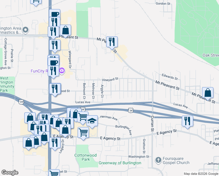 map of restaurants, bars, coffee shops, grocery stores, and more near 817 Kenilworth Court in Burlington