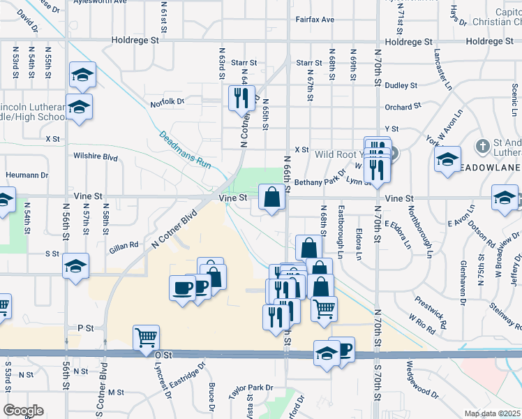 map of restaurants, bars, coffee shops, grocery stores, and more near 651 North 66th Street in Lincoln