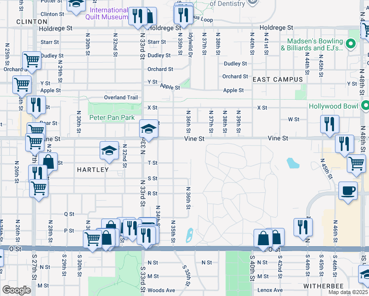map of restaurants, bars, coffee shops, grocery stores, and more near 3540 T Street in Lincoln