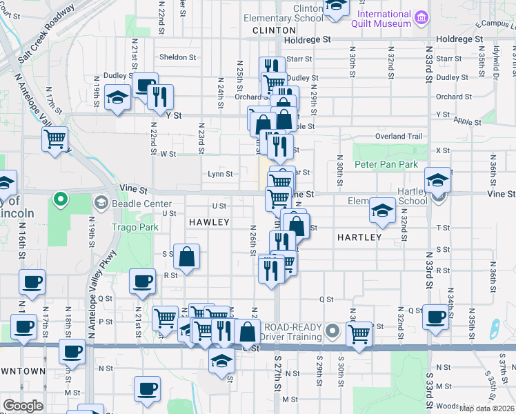map of restaurants, bars, coffee shops, grocery stores, and more near 619 North 26th Street in Lincoln
