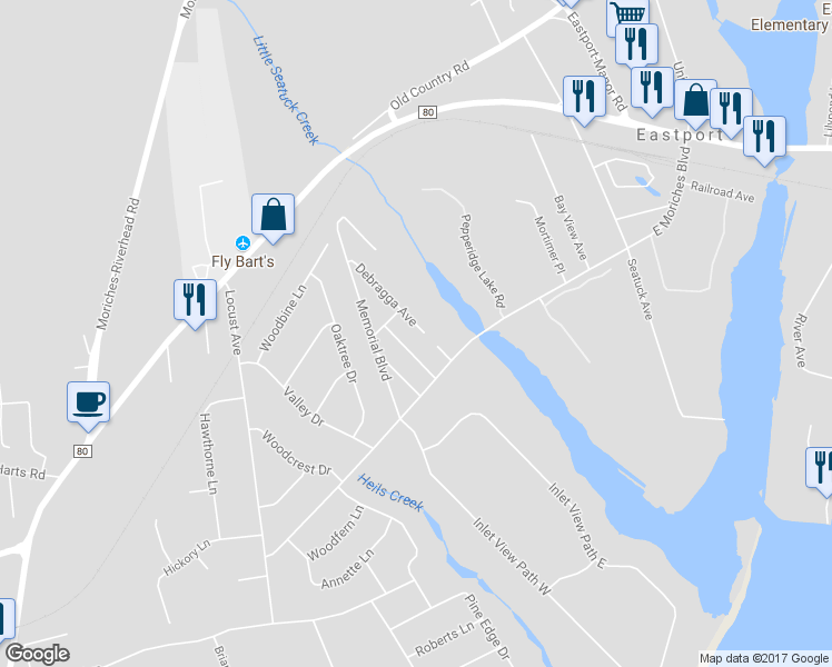 map of restaurants, bars, coffee shops, grocery stores, and more near 12 Debragga Avenue in East Moriches