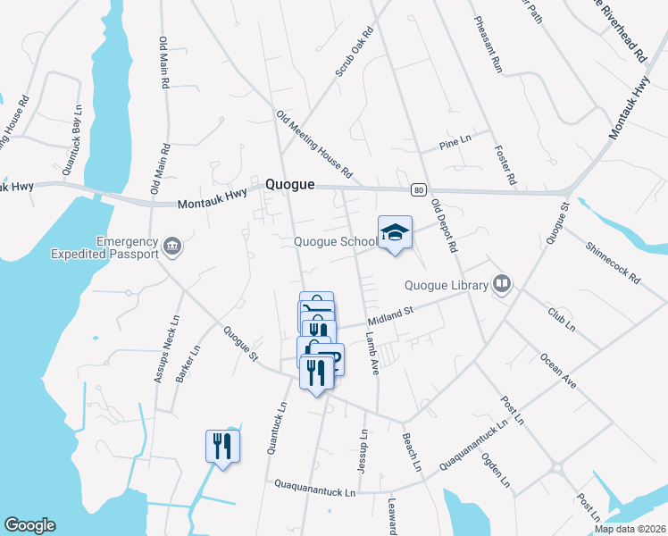 map of restaurants, bars, coffee shops, grocery stores, and more near 37 Lamb Avenue in Quogue