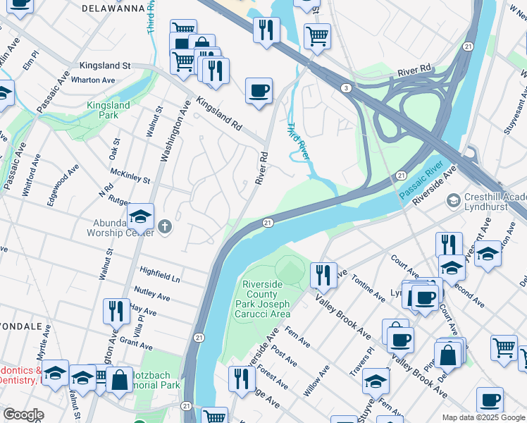 map of restaurants, bars, coffee shops, grocery stores, and more near 452 River Road in Nutley