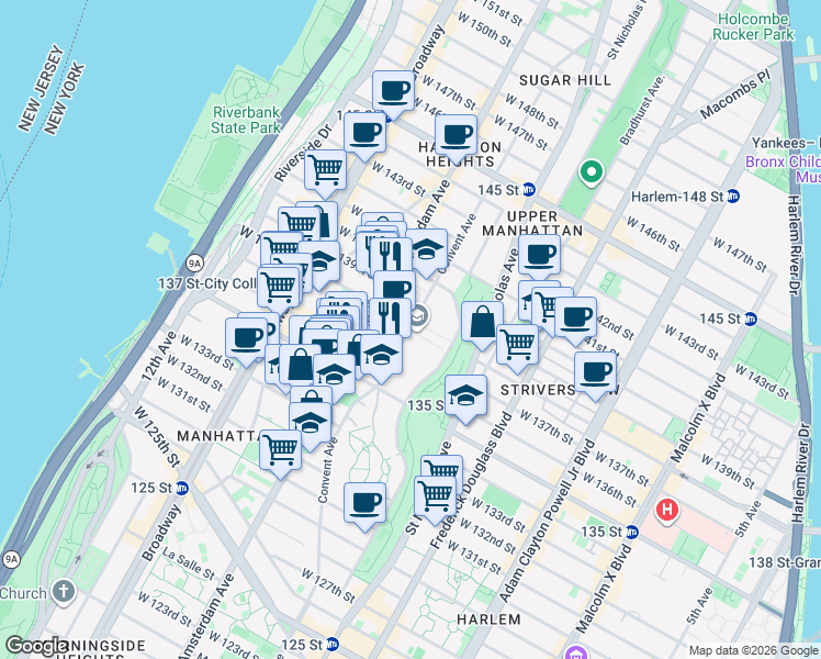 map of restaurants, bars, coffee shops, grocery stores, and more near 129 Convent Avenue in New York