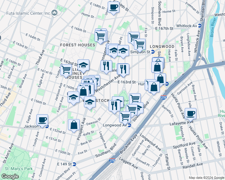map of restaurants, bars, coffee shops, grocery stores, and more near 888 Rev James A Polite Avenue in Bronx