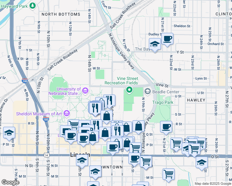 map of restaurants, bars, coffee shops, grocery stores, and more near 700 North 16th Street in Lincoln
