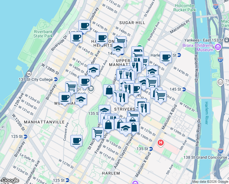 map of restaurants, bars, coffee shops, grocery stores, and more near 582 Saint Nicholas Avenue in New York