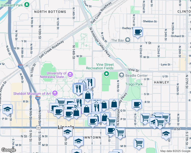 map of restaurants, bars, coffee shops, grocery stores, and more near 700 North 16th Street in Lincoln