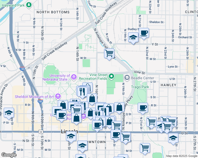 map of restaurants, bars, coffee shops, grocery stores, and more near 700 North 16th Street in Lincoln