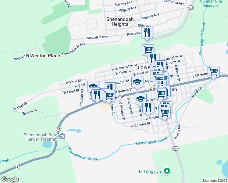 map of restaurants, bars, coffee shops, grocery stores, and more near 517 West Mount Vernon Street in Shenandoah