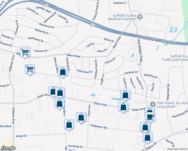 map of restaurants, bars, coffee shops, grocery stores, and more near 53 Holiday Park Drive in Hauppauge