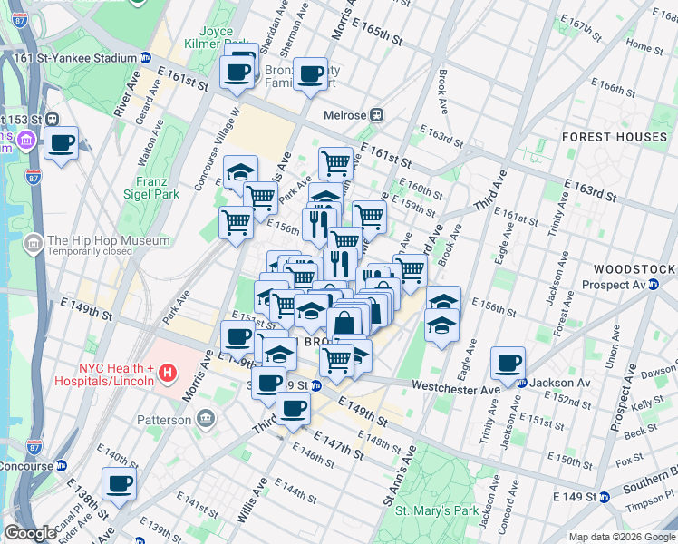 map of restaurants, bars, coffee shops, grocery stores, and more near 378 East 154th Street in Bronx