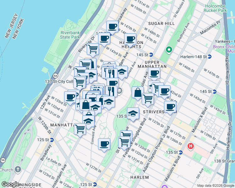 map of restaurants, bars, coffee shops, grocery stores, and more near 141 Convent Avenue in New York