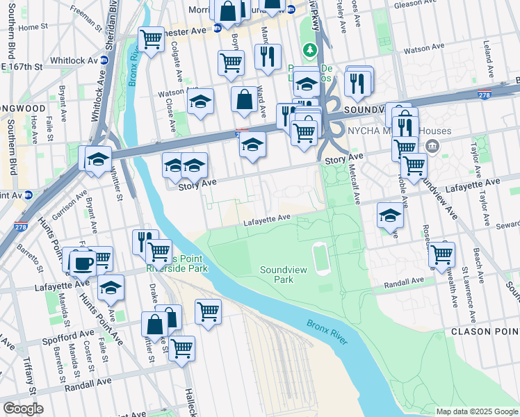 map of restaurants, bars, coffee shops, grocery stores, and more near 825 Boynton Avenue in The Bronx