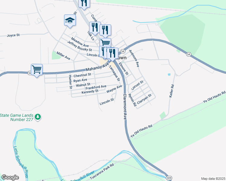 map of restaurants, bars, coffee shops, grocery stores, and more near 21 Wayne Avenue in Tamaqua