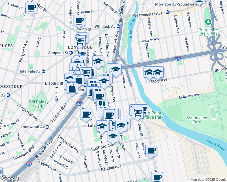 map of restaurants, bars, coffee shops, grocery stores, and more near 887 Bryant Avenue in The Bronx