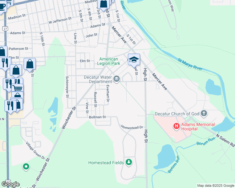 map of restaurants, bars, coffee shops, grocery stores, and more near 901 Everhart Drive in Decatur