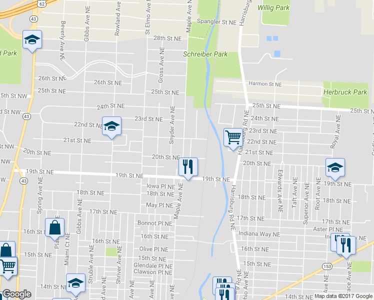 map of restaurants, bars, coffee shops, grocery stores, and more near 1800 20th Street Northeast in Canton