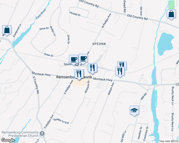 map of restaurants, bars, coffee shops, grocery stores, and more near 216 Montauk Highway in Westhampton Beach