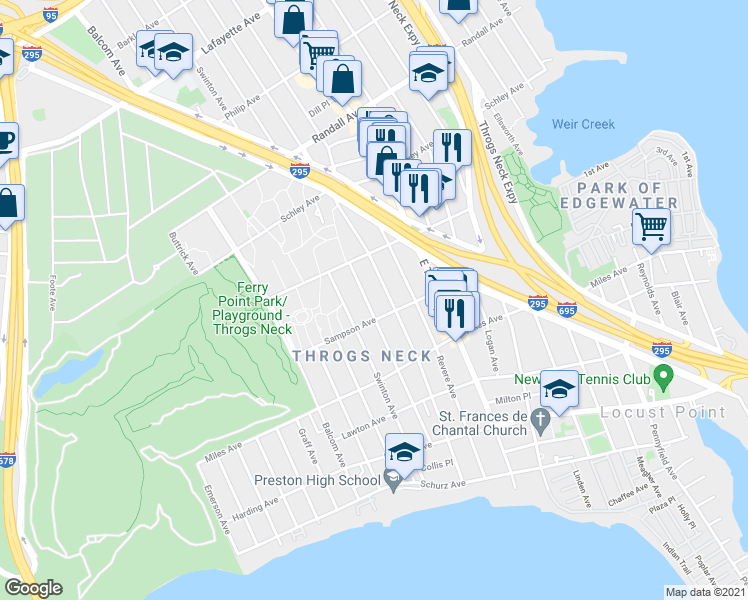 map of restaurants, bars, coffee shops, grocery stores, and more near 351 Quincy Avenue in The Bronx