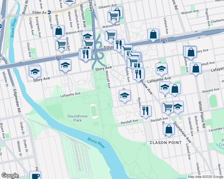 map of restaurants, bars, coffee shops, grocery stores, and more near 774B Metcalf Avenue in Bronx
