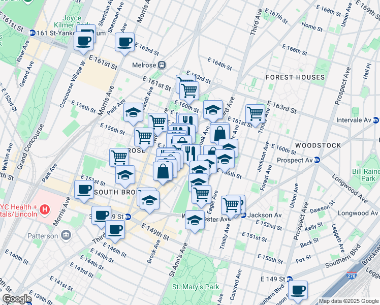 map of restaurants, bars, coffee shops, grocery stores, and more near in The Bronx